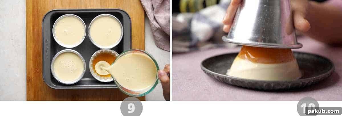 Step by step picture collage showing the final pouring and setting of mango panna cotta