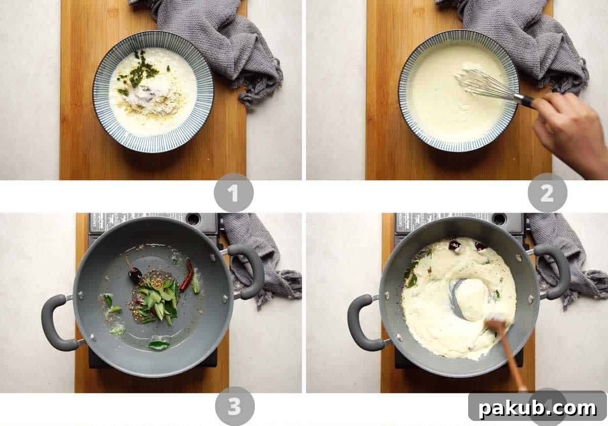 Step by step picture collage demonstrating the initial stages of preparing Mango Kadhi, including mixing the base and starting the tempering.