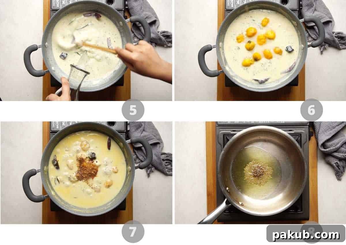 Step by step picture collage showing the middle stages of making Mango Kadhi, including adding water and mangoes to the simmering kadhi.