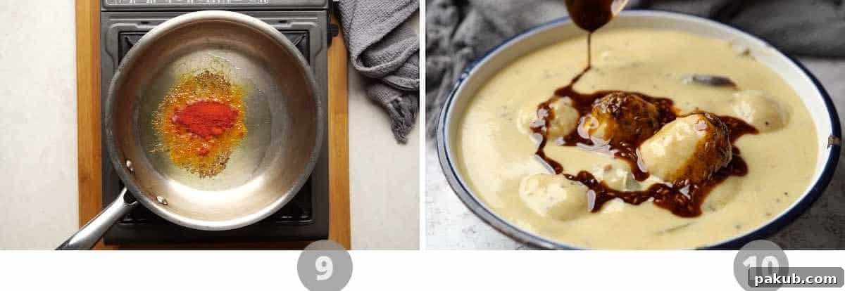 Step by step picture collage demonstrating the final tempering (tadka) for Mango Kadhi, showing the spices frying in ghee.