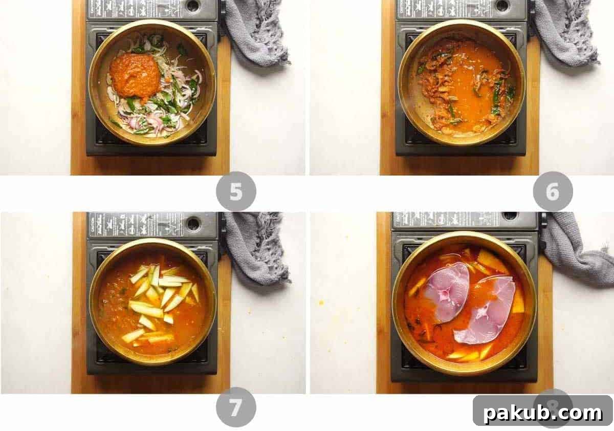 Alleppey Green Mango Fish Curry 5 Step-by-step picture collage showing how to make Raw Mango Fish Curry