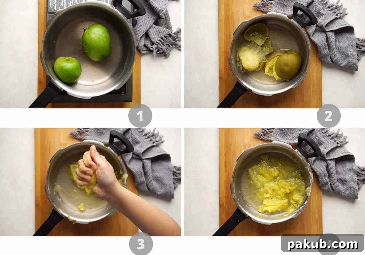 Step-by-step visual guide showing the initial stages of making Aam Panna, from pressure cooking raw mangoes to extracting their pulp.