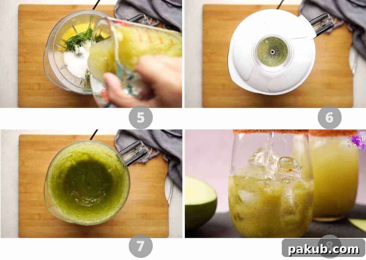 Step-by-step visual guide showing the blending of Aam Panna concentrate ingredients and its storage.