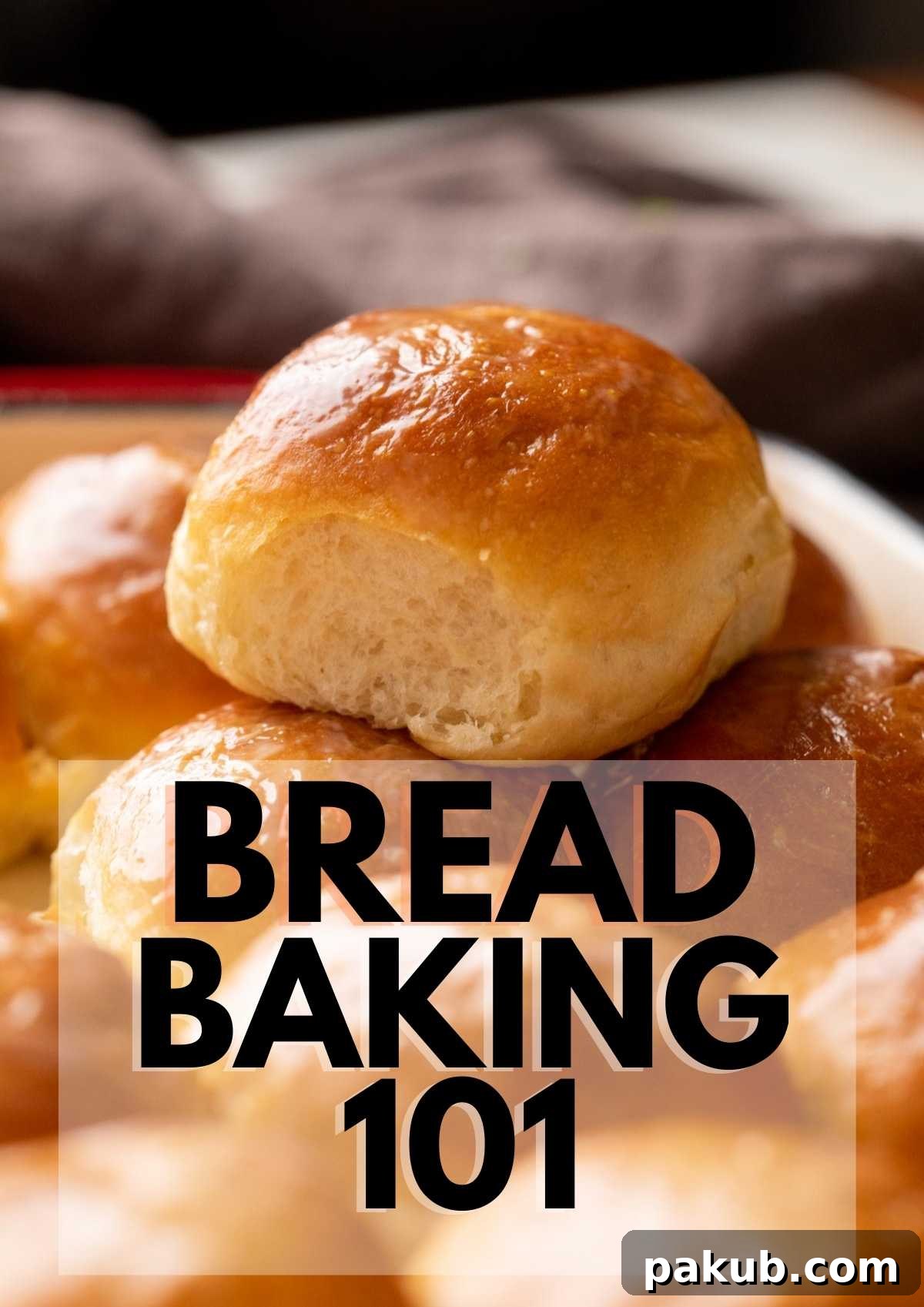 Homemade Bread Made Easy 2 A delectable close-up of golden-brown dinner rolls, perfectly baked, with an overlay of text stating 'Bread Baking 101'