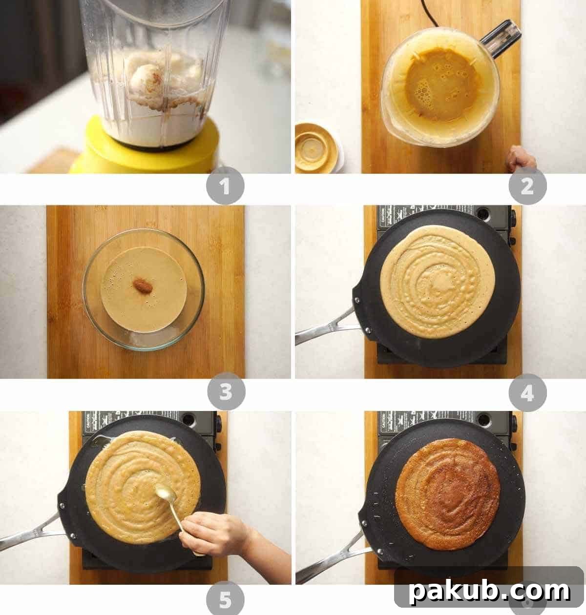 Step by step picture collage showing how to prepare banana dosa batter in a blender and then cooking the dosas on a hot tawa until golden brown.