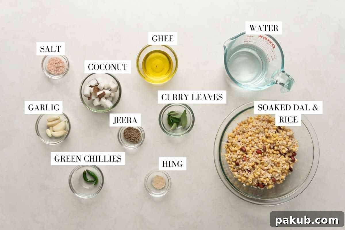 Ingredients for high protein dosa neatly laid out on a clean surface, each identified for easy understanding of the recipe components.