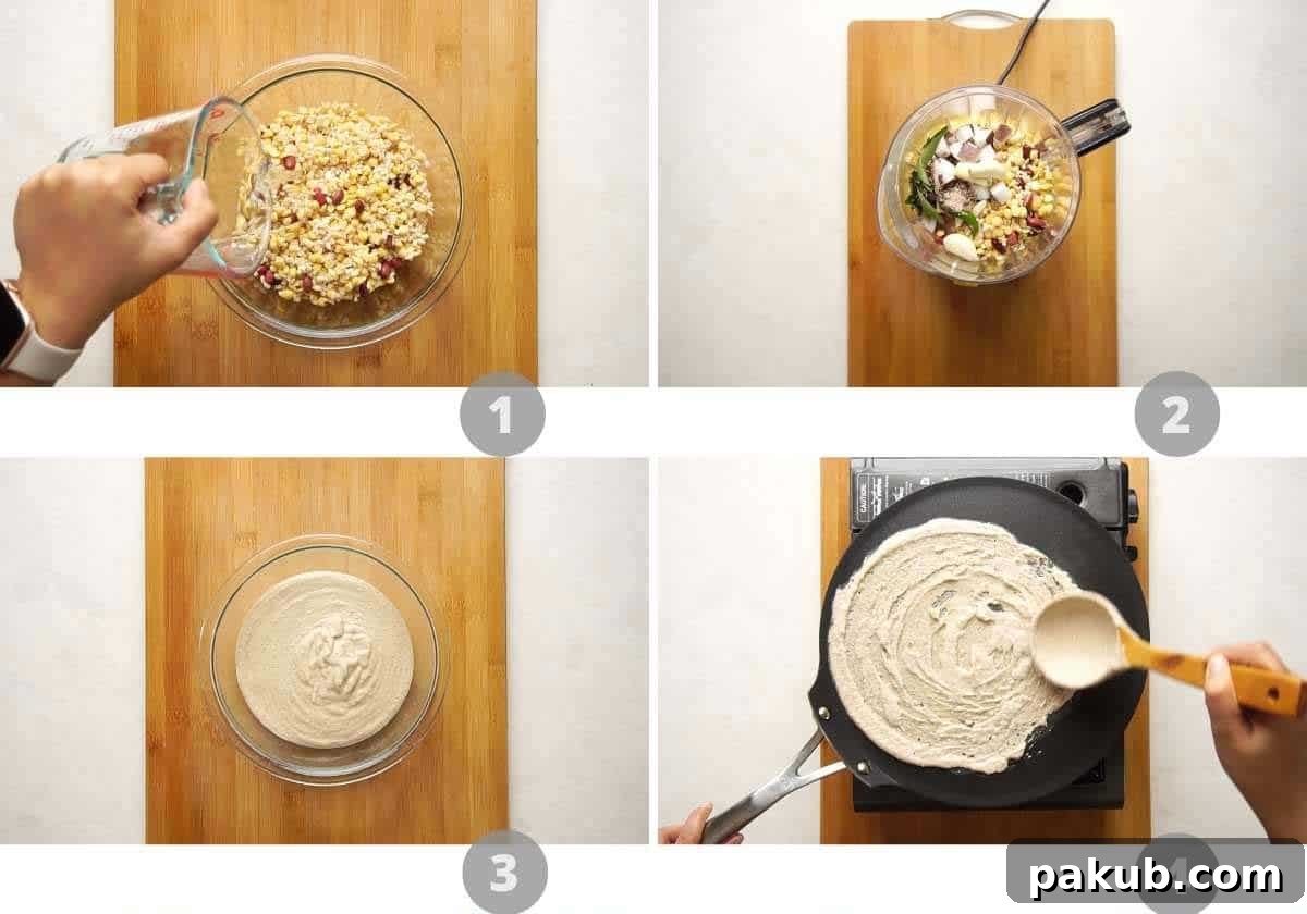 A step-by-step picture collage demonstrating the initial stages of making high protein dosa, from soaking dals to blending the batter to the ideal consistency.