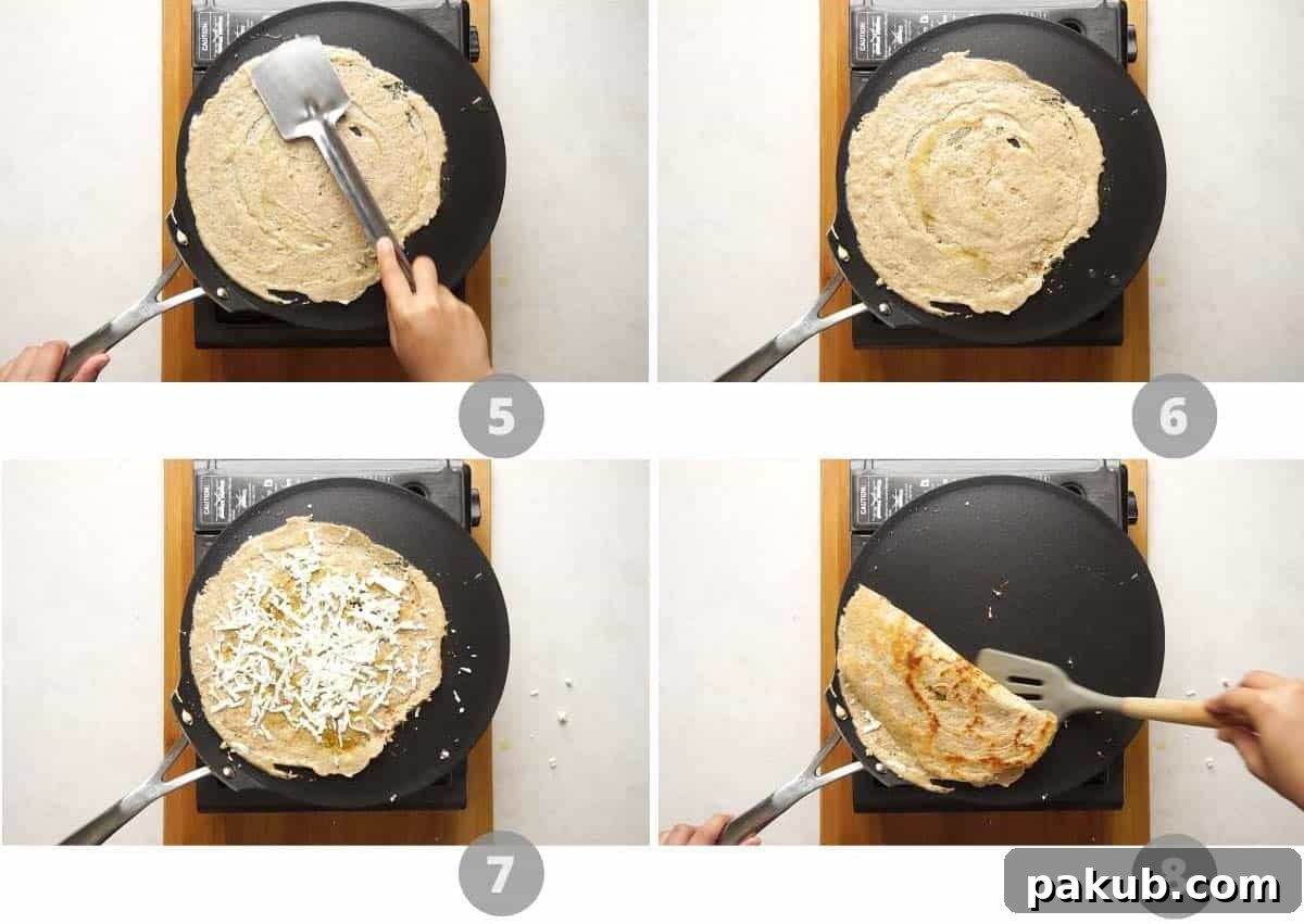 A step-by-step picture collage illustrating the final stages of making high protein dosa, including cooking on the tawa, adding toppings, and serving it hot and fresh.