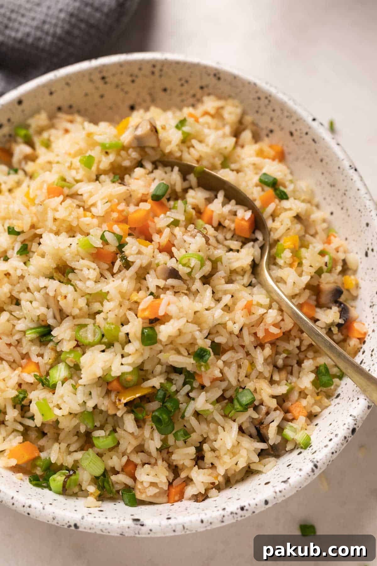 A vibrant bowl of homemade vegetable fried rice, garnished with fresh spring onions and served with a spoon, ready to eat.