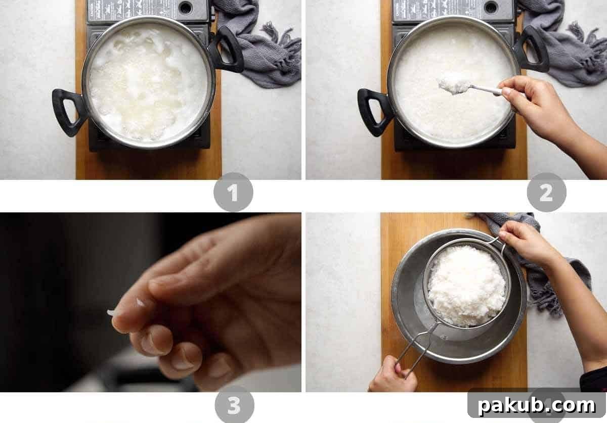 A step-by-step visual collage illustrating the initial stages of preparing fried rice, focusing on the rice cooking and cooling process.