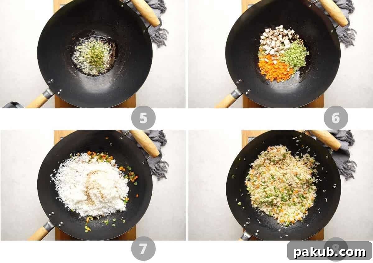 A step-by-step visual collage demonstrating the stir-frying process for vegetable fried rice, showing ingredients added to a wok and tossed.
