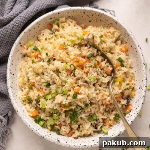 A beautiful image of vegetable fried rice in a white bowl with a spoon, ready to be enjoyed.