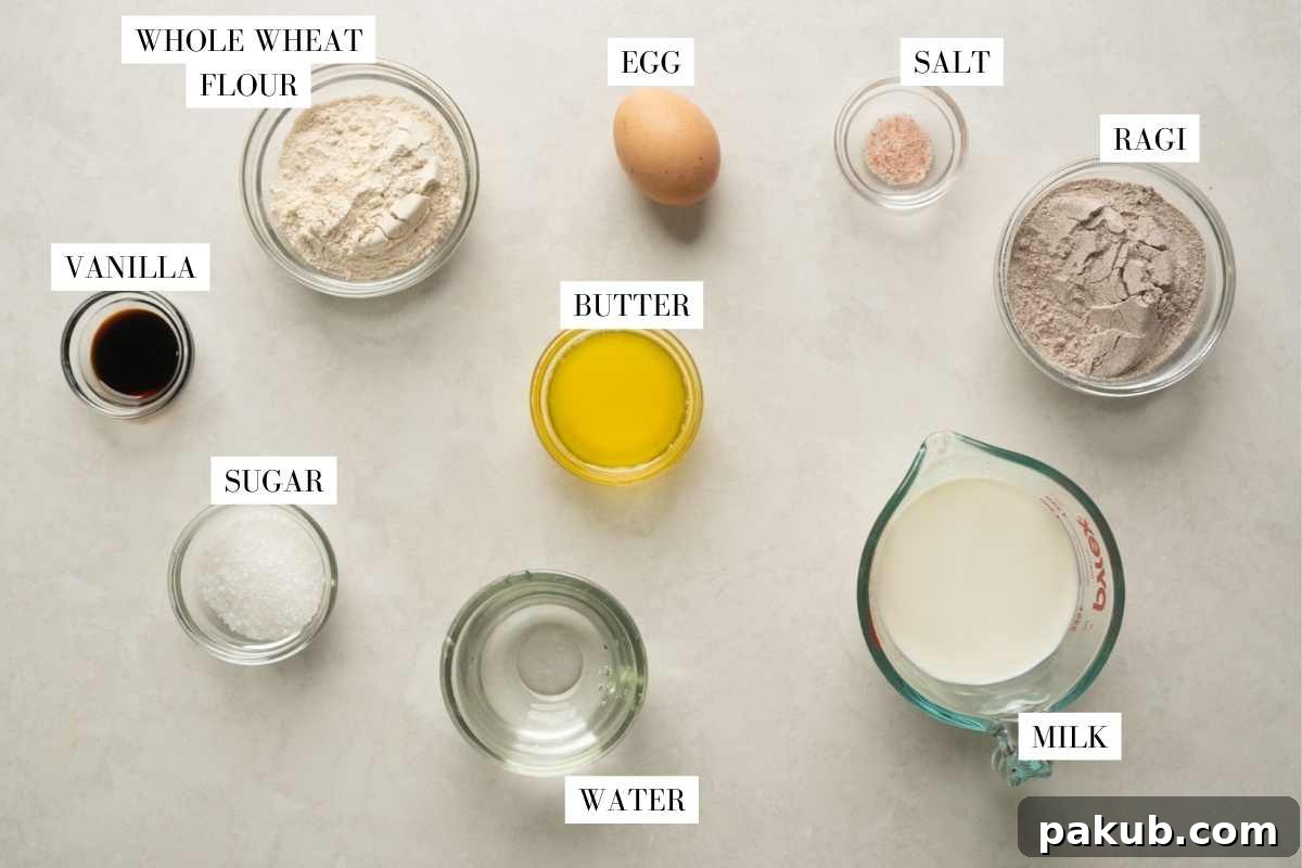 A beautifully arranged flat lay of all the essential ingredients needed for Ragi Crepes, clearly labeled for easy identification and preparation.