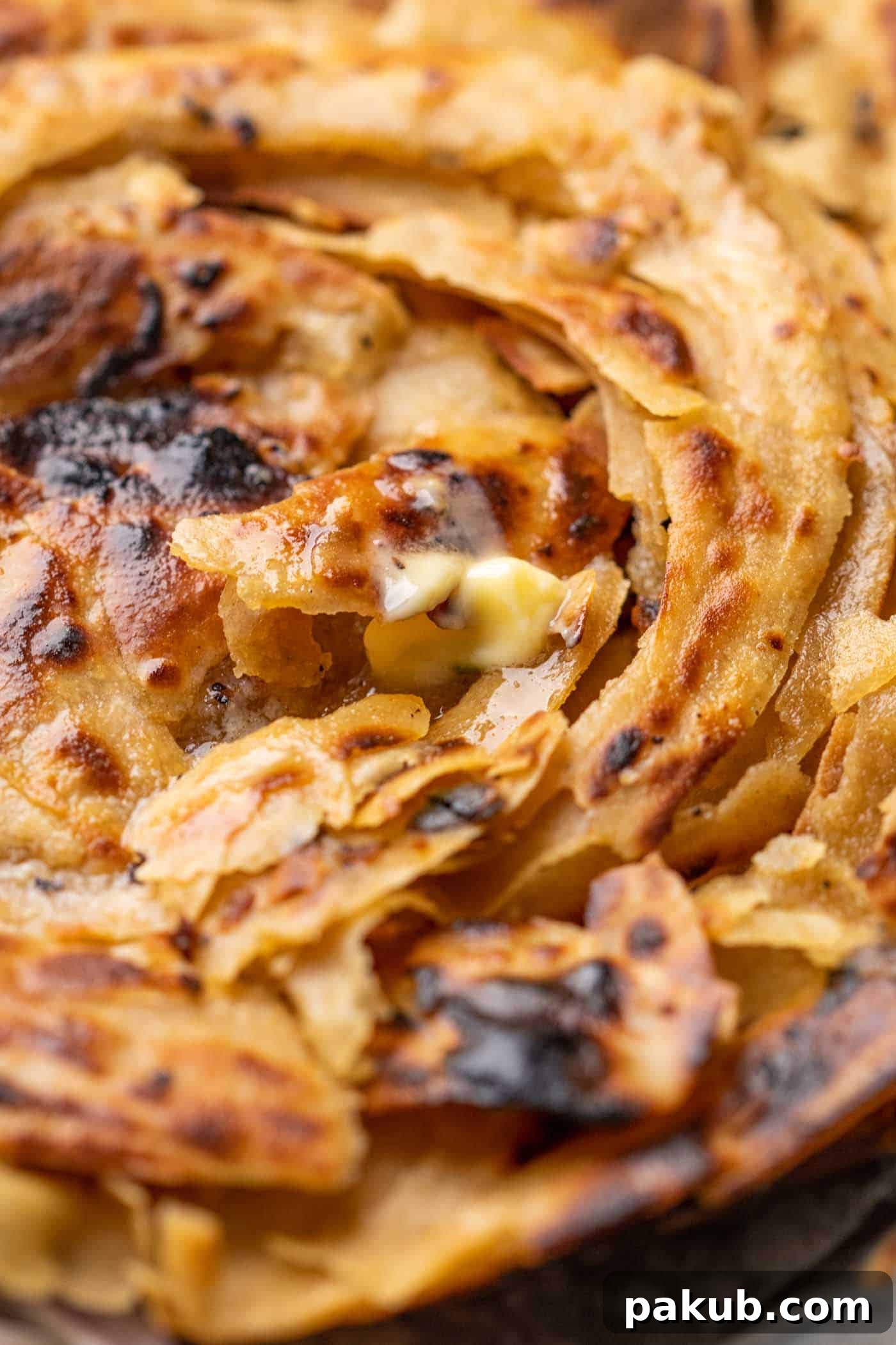 Close up shot of a Lachha Paratha, highlighting its many flaky, buttery layers.