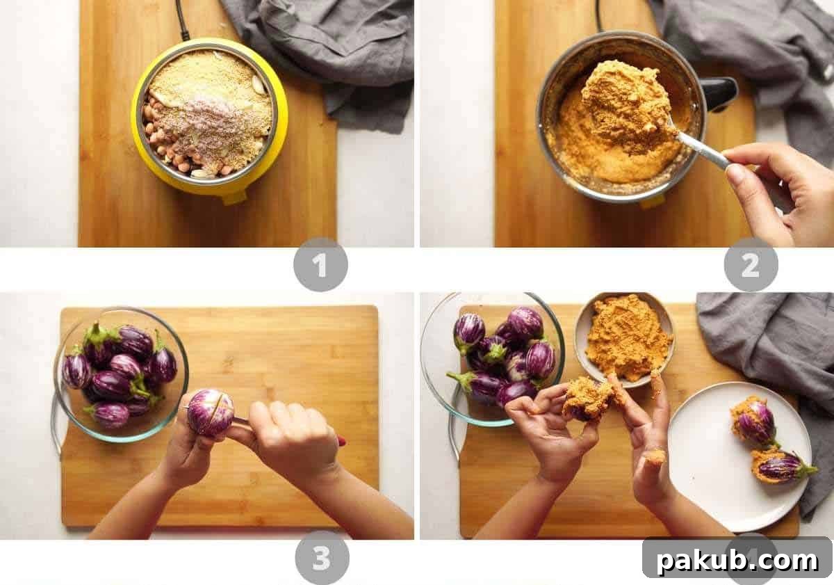A step-by-step picture collage depicting the initial stages of making stuffed brinjal curry: grinding the paste and preparing the brinjals.