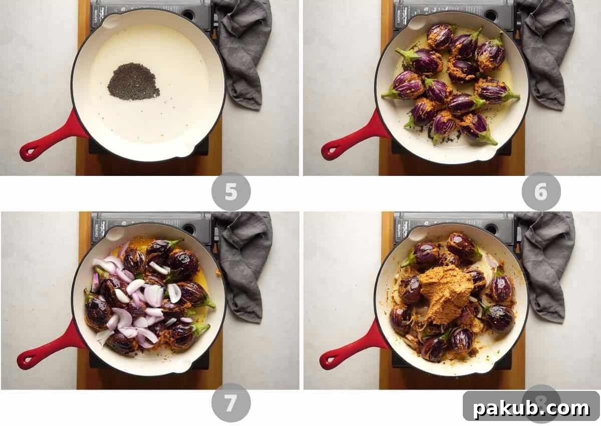 Another step-by-step picture collage showing the cooking process of stuffed brinjal curry: tempering mustard seeds, frying brinjals, and adding onions and remaining paste.