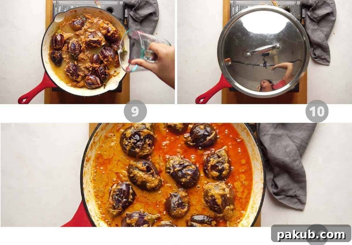 A final step-by-step picture collage demonstrating the concluding stages of stuffed brinjal curry preparation: simmering the curry and adjusting consistency.