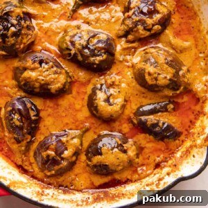 Picture of stuffed brinjal curry in a red enamel pan