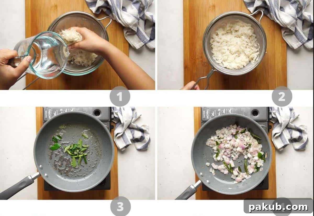 Spiced Onion Potato Poha 4 Step-by-step visual guide showing the initial stages of making Kanda Batata Poha, including washing poha, tempering spices, and sautéing onions and chilies
