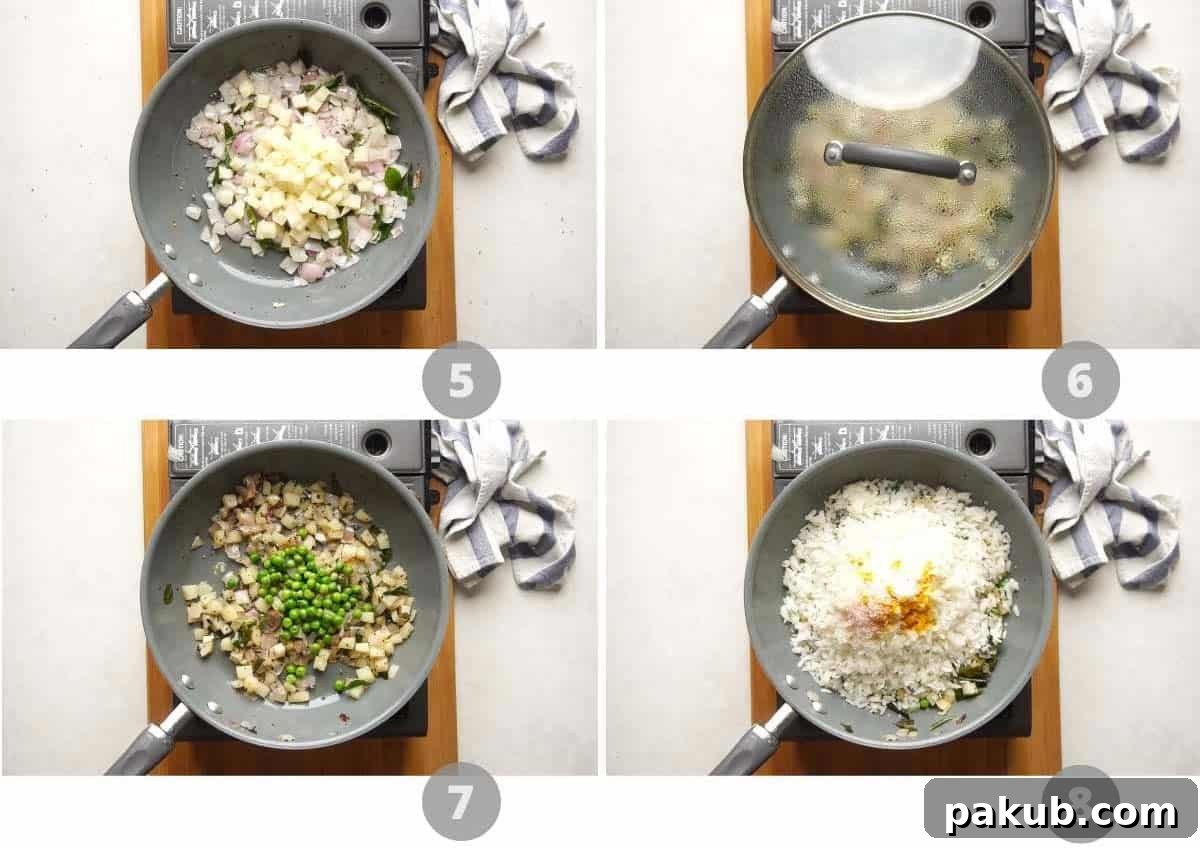 Spiced Onion Potato Poha 5 Intermediate steps of making Kanda Batata Poha, showing potatoes being added to the pan, cooking, and then green peas being mixed in