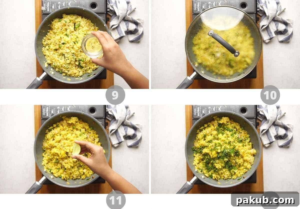 Spiced Onion Potato Poha 6 Final stages of preparing Kanda Batata Poha, showing the mixed ingredients, covered pan, and the finished fluffy poha with lime and coriander