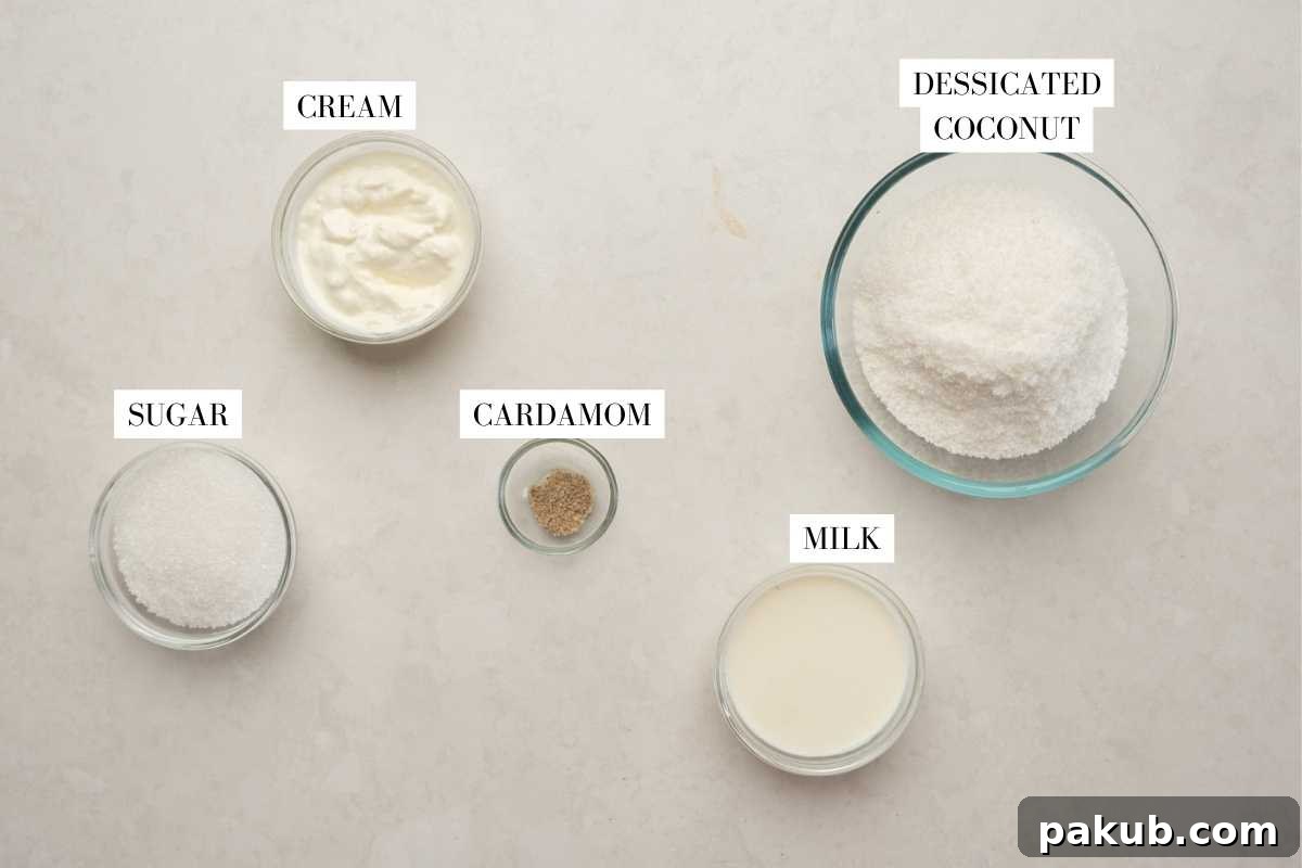 Sweet Coconut Fudge 3 A flat lay photograph displaying all the fresh, high-quality ingredients needed for an authentic Coconut Barfi: desiccated coconut, whole milk, heavy cream, granulated sugar, and fragrant cardamom powder.