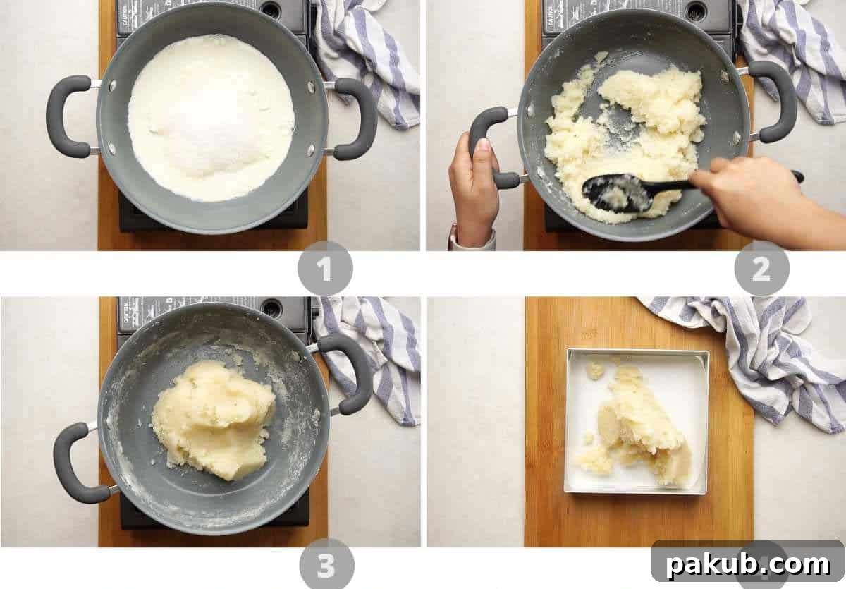 Sweet Coconut Fudge 4 Step-by-step pictorial guide illustrating the initial stages of preparing Coconut Barfi: heating milk and sugar, incorporating desiccated coconut, and the mixture gradually thickening in a traditional Indian kadhai.