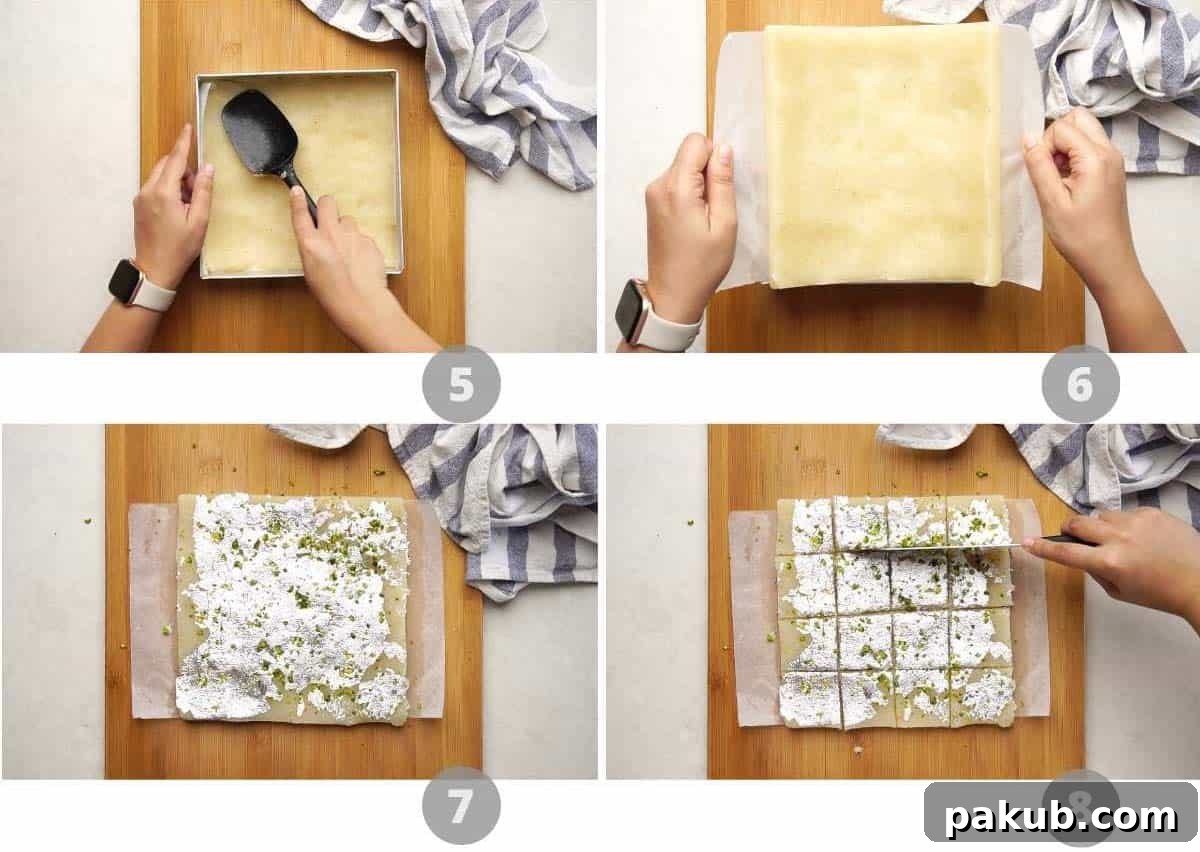 Sweet Coconut Fudge 5 Step-by-step pictorial guide illustrating the final stages of making Coconut Barfi: pressing the mixture into a prepared pan, carefully lifting the set barfi sheet, applying edible silver leaf, garnishing with pistachios, and precision slicing.