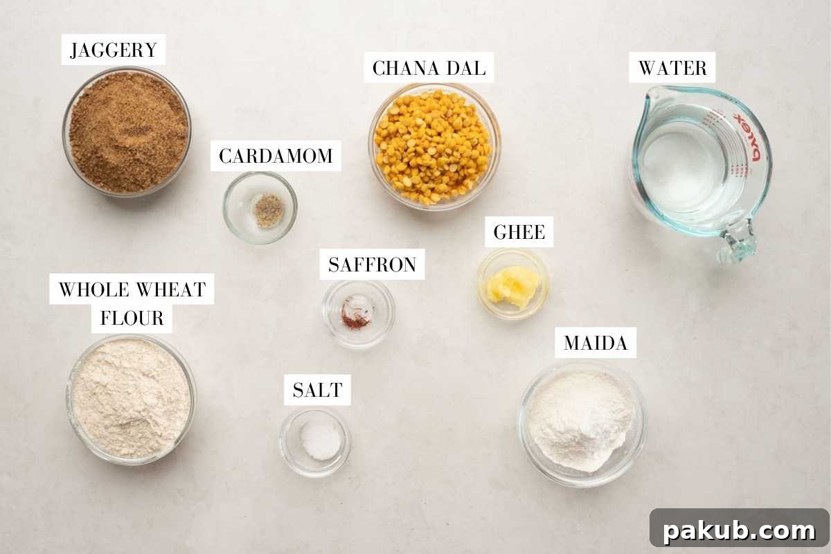 Indian Sweet Lentil Flatbread 3 Picture of all the ingredients for puran poli with text to identify them