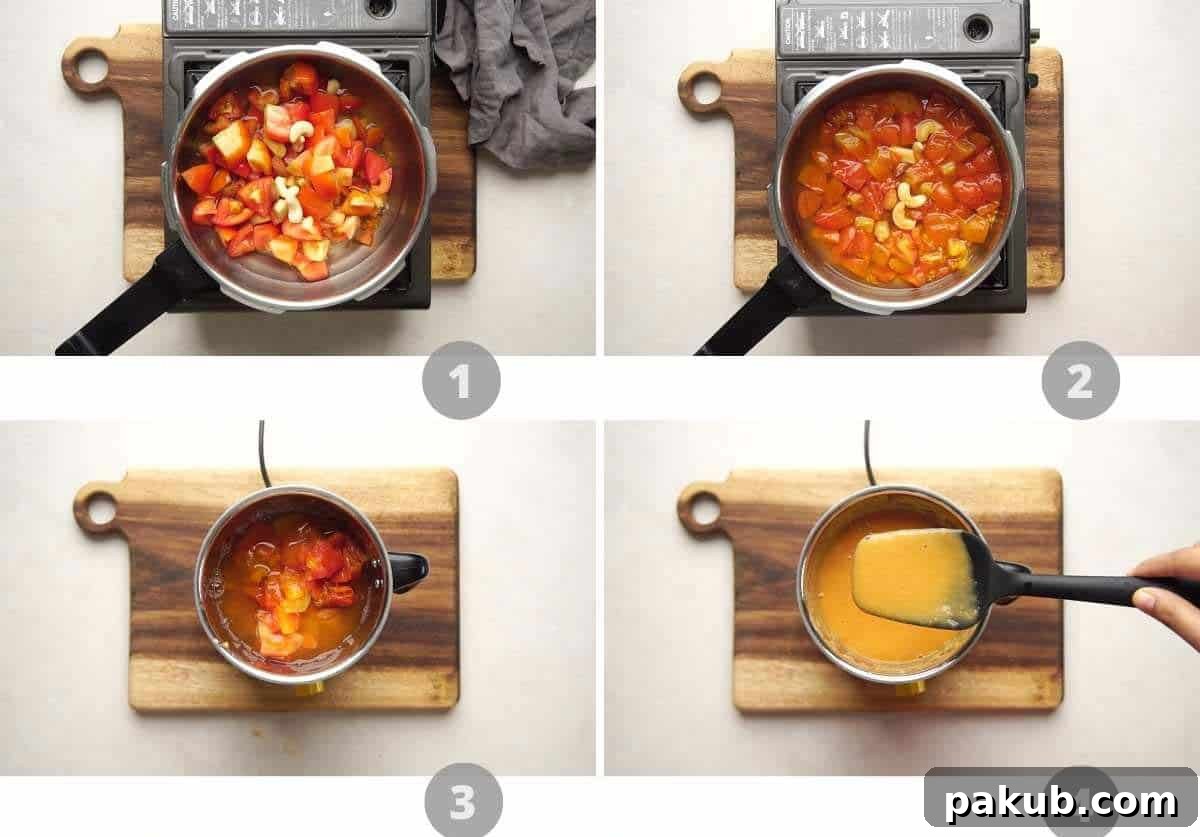 A collage of step-by-step images showing the process of making the tomato gravy, from pressure cooking to blending and simmering.