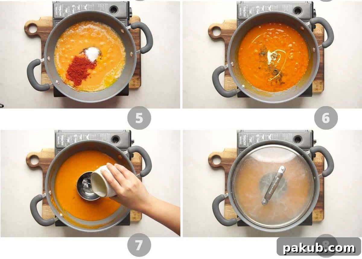 Another collage showing the gravy being simmered with spices, butter, and cream, demonstrating the thickening process.