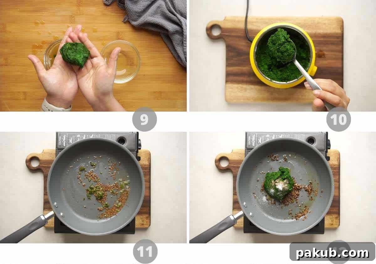 A collage showing the preparation of the spinach mixture, including blanching, blending, and sautéing with spices and flours.