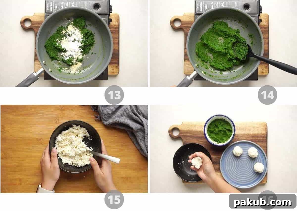 Another collage illustrating the addition of gram flour and corn flour to the spinach mixture, followed by the paneer filling preparation.