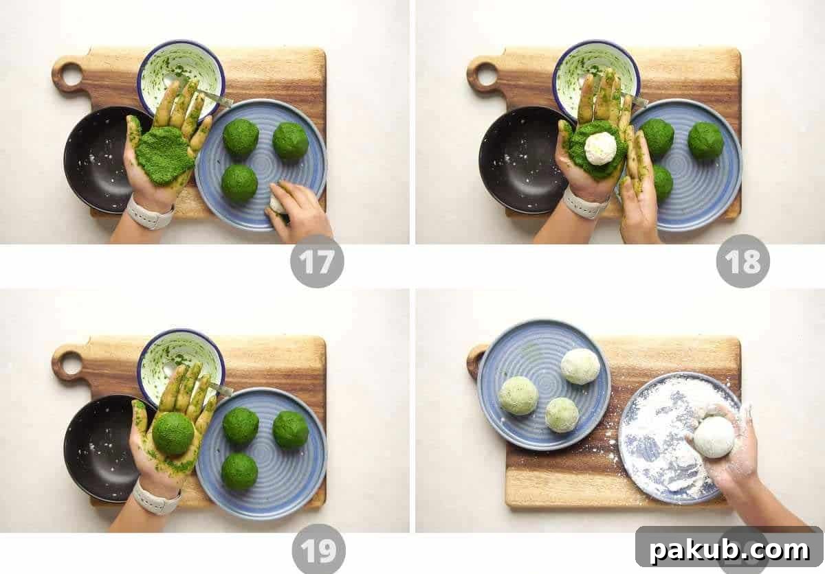A series of images showing the process of forming the koftas, by flattening spinach mixture, placing paneer, and rolling into smooth balls.