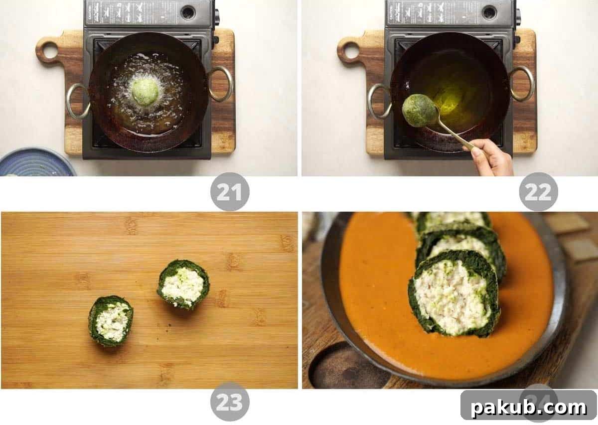 Final collage showing koftas being deep-fried, then cut in half to reveal the two-tone effect, and finally served on a platter with gravy.