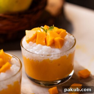 Small glass bowls filled with creamy Mango Sago, generously topped with fresh mango chunks, highlighting its vibrant color and tempting texture.