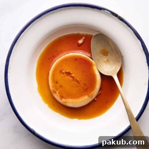 An overhead picture of creamy coconut caramel custard, elegantly served on a white plate with a subtle blue edging, accompanied by a spoon.