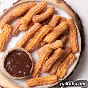 Crispy eggless churros, perfectly golden brown, served with a rich chocolate dipping sauce for an irresistible dessert experience.
