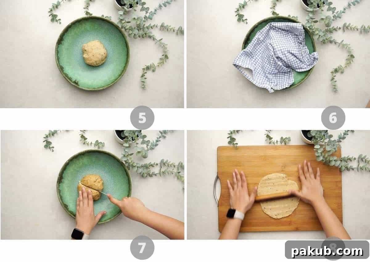 Guilt-Free Air Fryer Papdi 5 Another step-by-step visual collage depicting the dough preparation, including resting the dough, dividing it, and the initial stages of rolling it out for papdi.