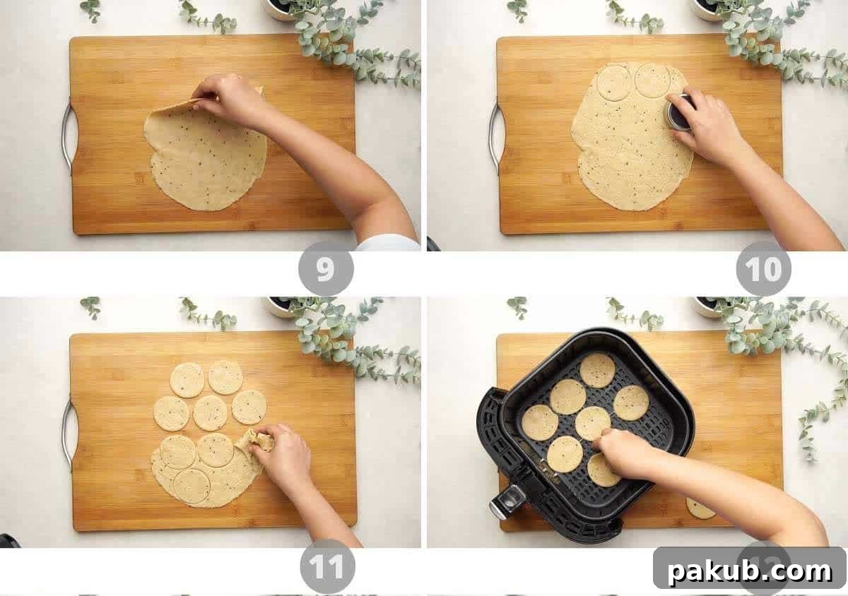Guilt-Free Air Fryer Papdi 6 A continuation of the step-by-step picture guide, showing how to cut out uniform papdi shapes from the rolled dough and prepare them for air frying.