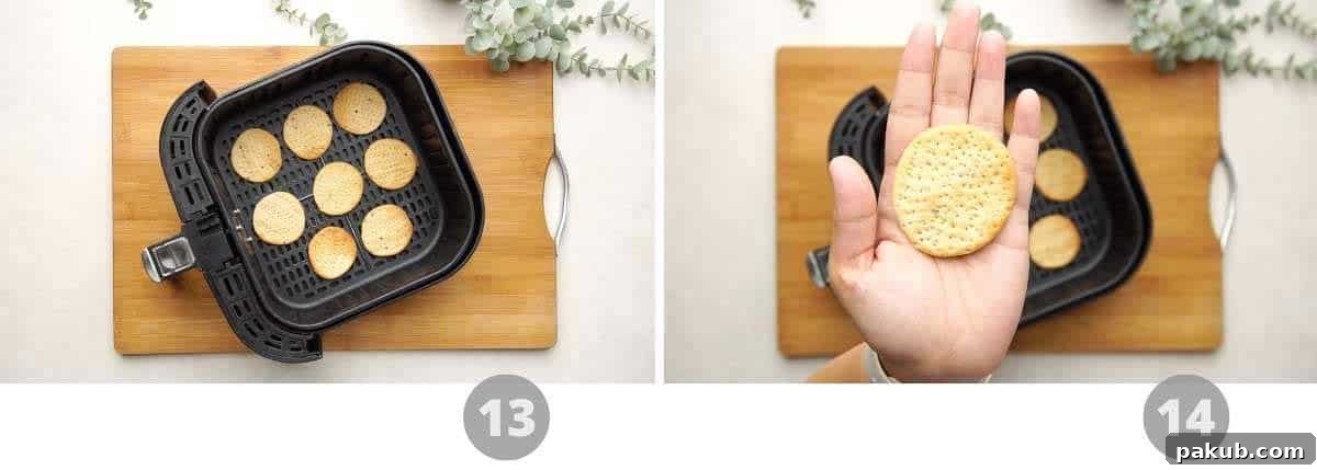 Guilt-Free Air Fryer Papdi 7 The final step in the visual guide, illustrating perfectly air-fried papdi pieces arranged in the air fryer basket after cooking to golden perfection.