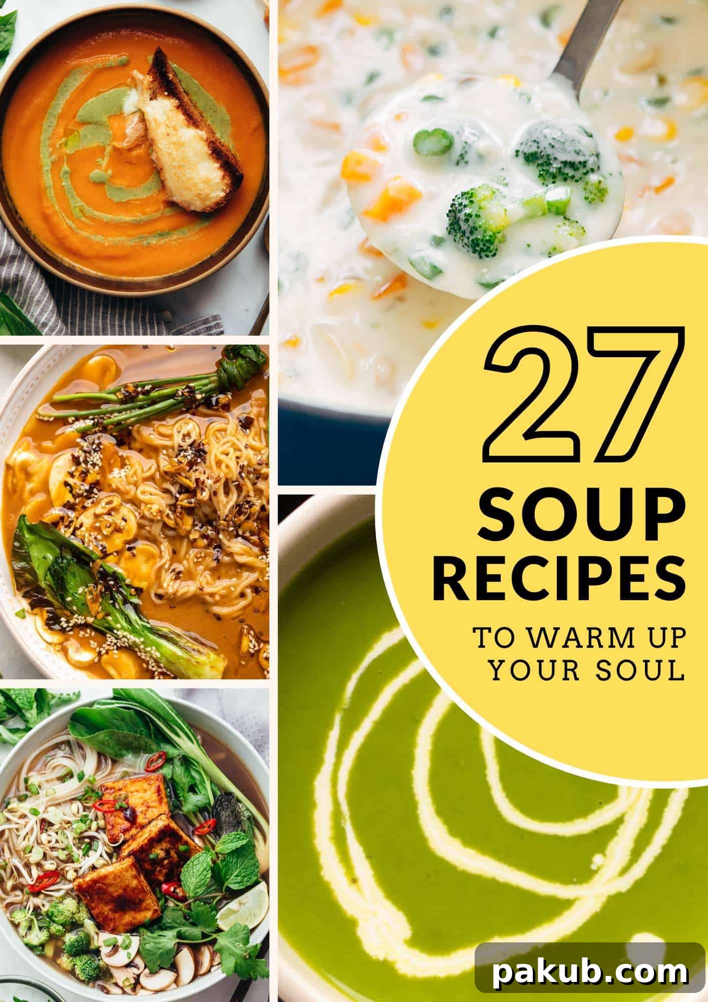 A vibrant picture collage showcasing various enticing soup photos, promising warmth and flavor.