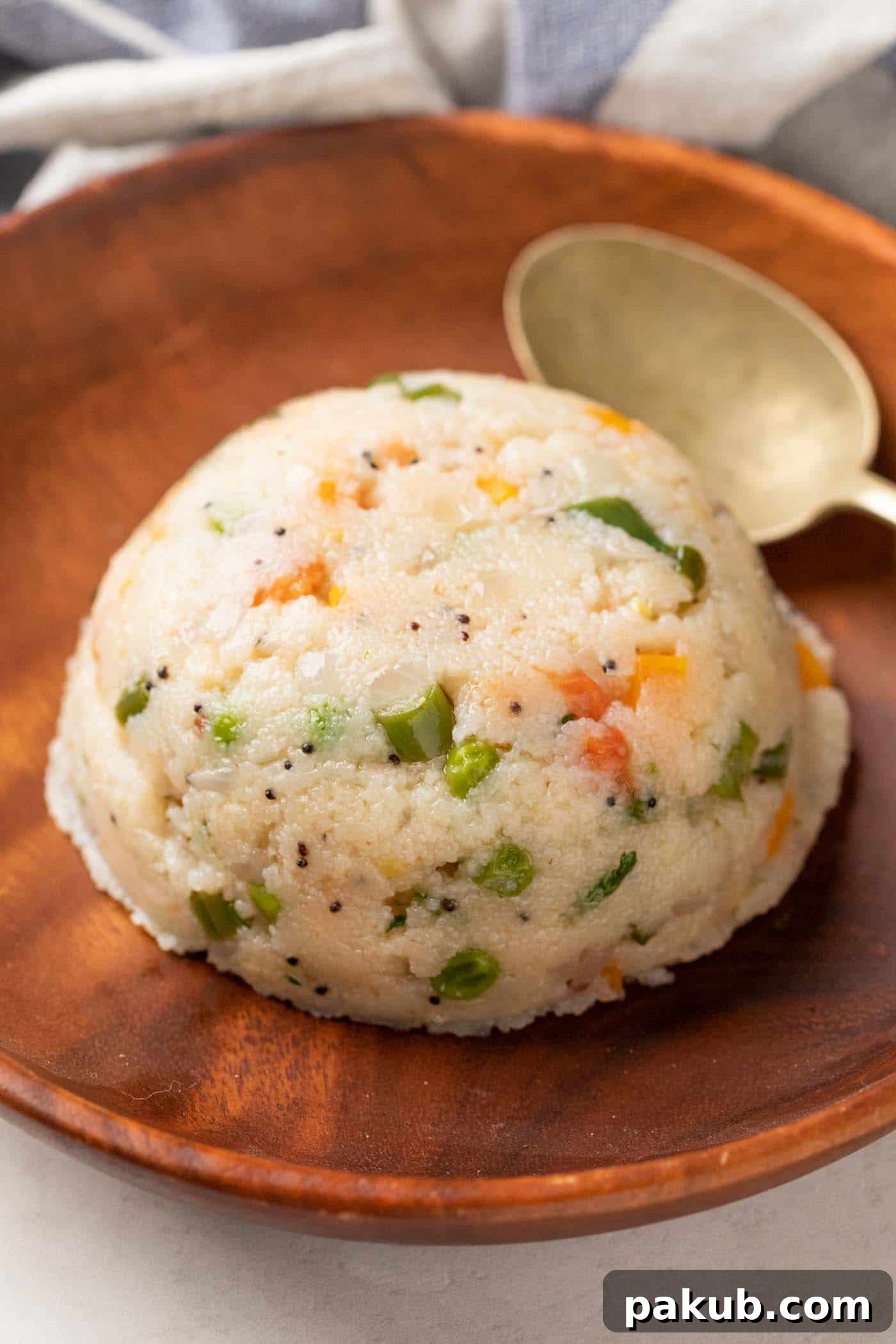 Vibrant Vegetable Semolina Upma 2 A serving of fluffy, vibrant Vegetable Upma on a rustic brown plate, garnished with fresh coriander leaves, showcasing its rich texture and colorful vegetables.