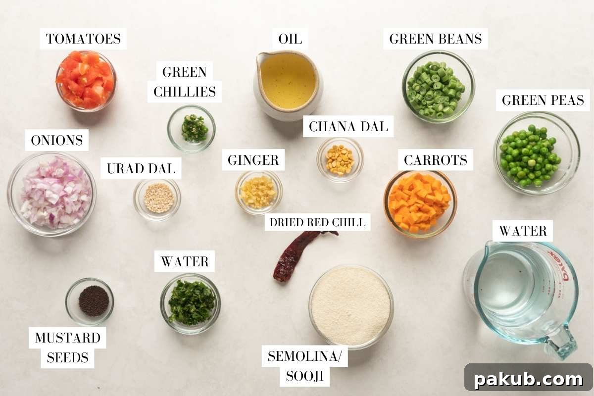 Vibrant Vegetable Semolina Upma 3 A flat lay photograph displaying all the fresh and dry ingredients required for making Vegetable Upma, neatly arranged on a rustic wooden table, labeled for easy identification.