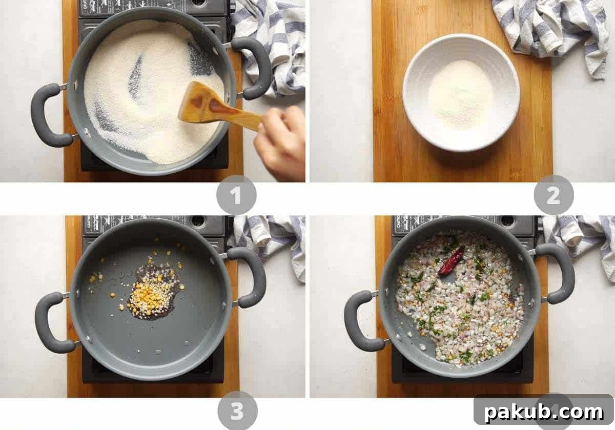 Vibrant Vegetable Semolina Upma 4 A detailed step-by-step picture collage demonstrating the initial stages of making Upma, including roasting semolina, tempering spices, and sautéing onions.