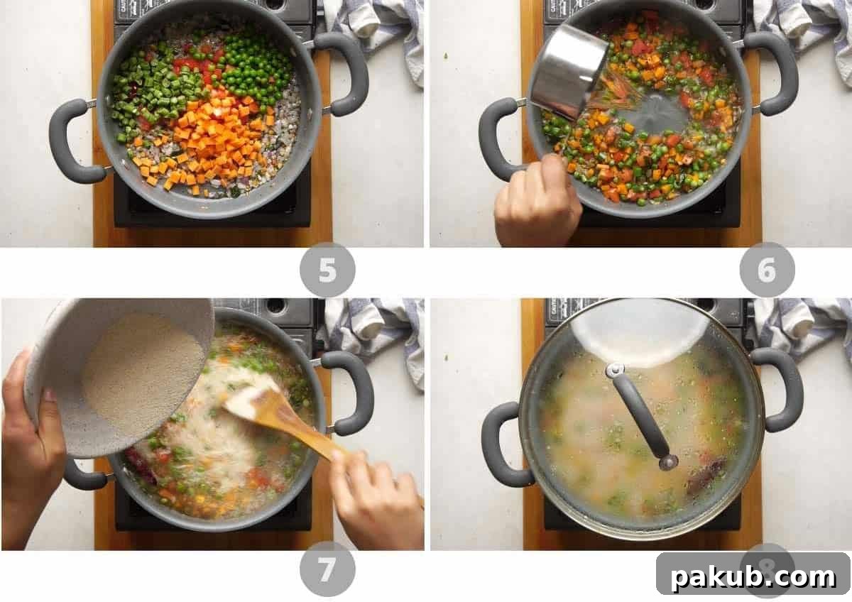 Vibrant Vegetable Semolina Upma 5 A step-by-step picture collage illustrating the next stages of Upma preparation: adding chopped vegetables, pouring in water, and slowly incorporating roasted semolina to prevent lumps.