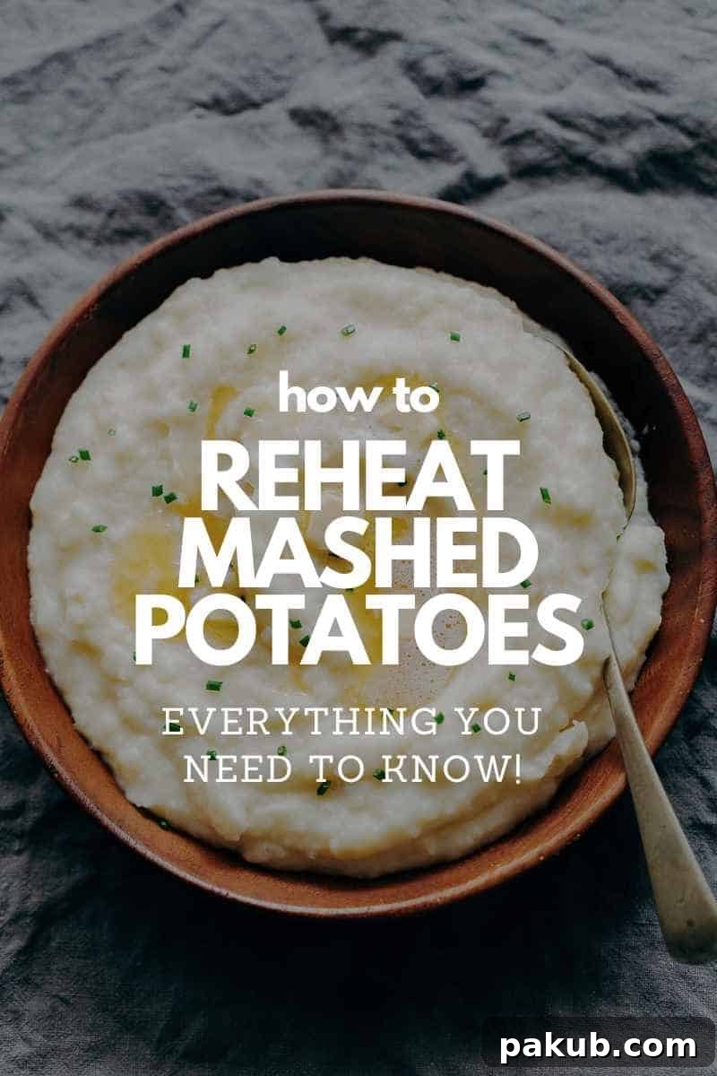 Never Dry Mashed Potatoes Again 3 Reheating Tips 2 A beautifully presented serving of creamy mashed potatoes with a text overlay highlighting reheating tips.
