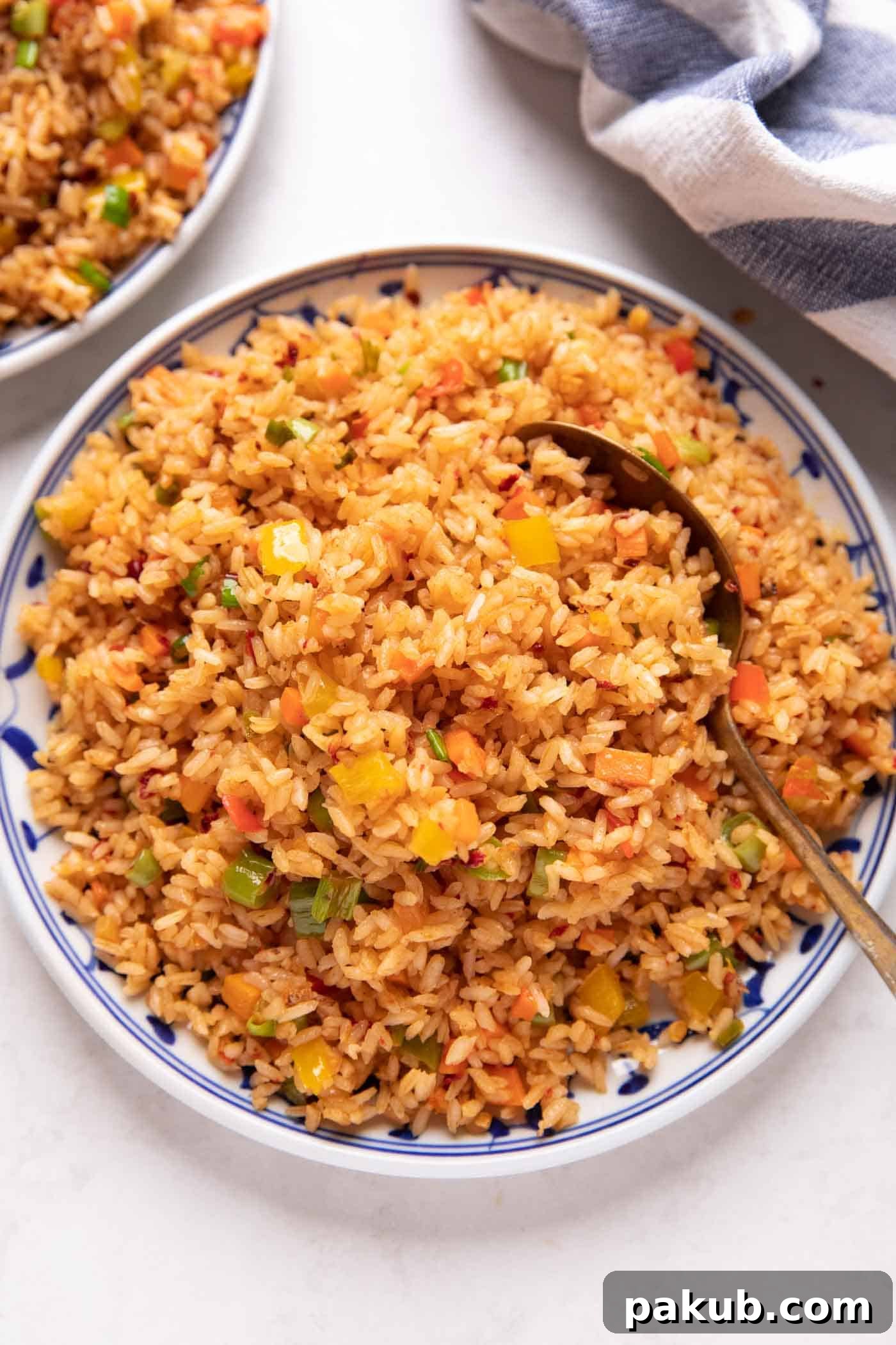 Fiery Garlic Fried Rice 2 A vibrant plate of homemade Chilli Garlic Fried Rice garnished with spring onions, served on a white and blue ceramic plate.