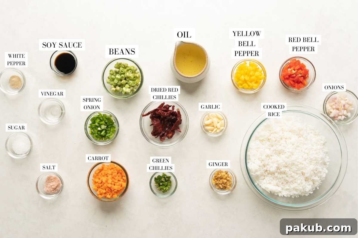 Fiery Garlic Fried Rice 3 A flat lay photograph showcasing all the fresh ingredients laid out for making Chilli Garlic Fried Rice, including rice, vegetables, spices, and aromatics.