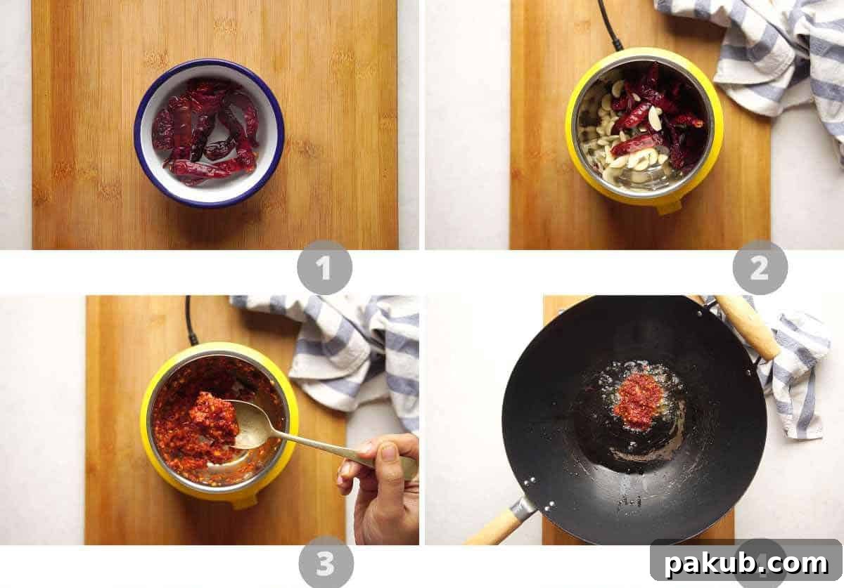Fiery Garlic Fried Rice 4 A four-panel step-by-step collage demonstrating the initial stages of making chilli garlic fried rice: soaking chilies, blending the paste, and stir-frying it in a wok.